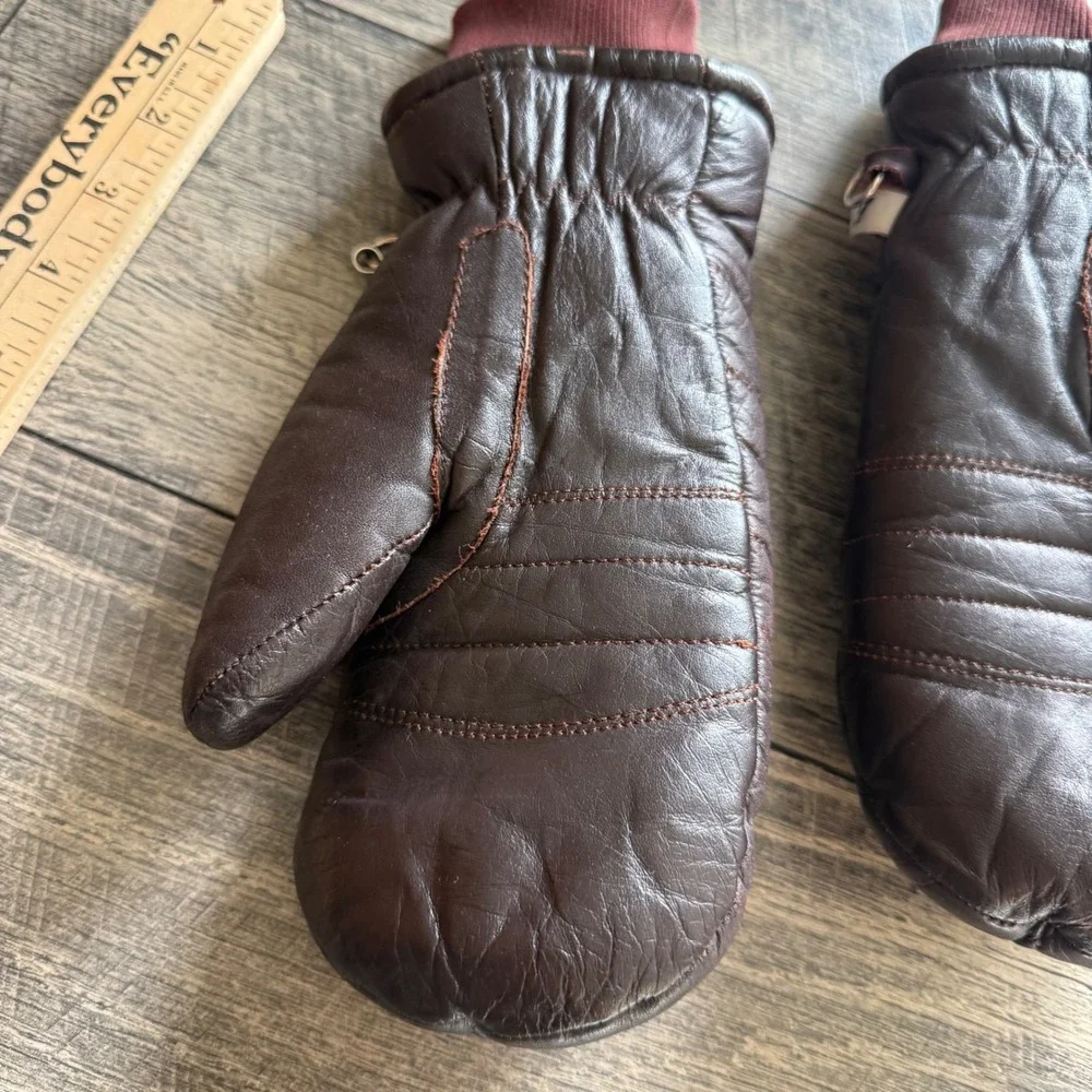Gordini Vintage Brown Leather Quilted Mittens Women Small Burgundy Knit Cuff